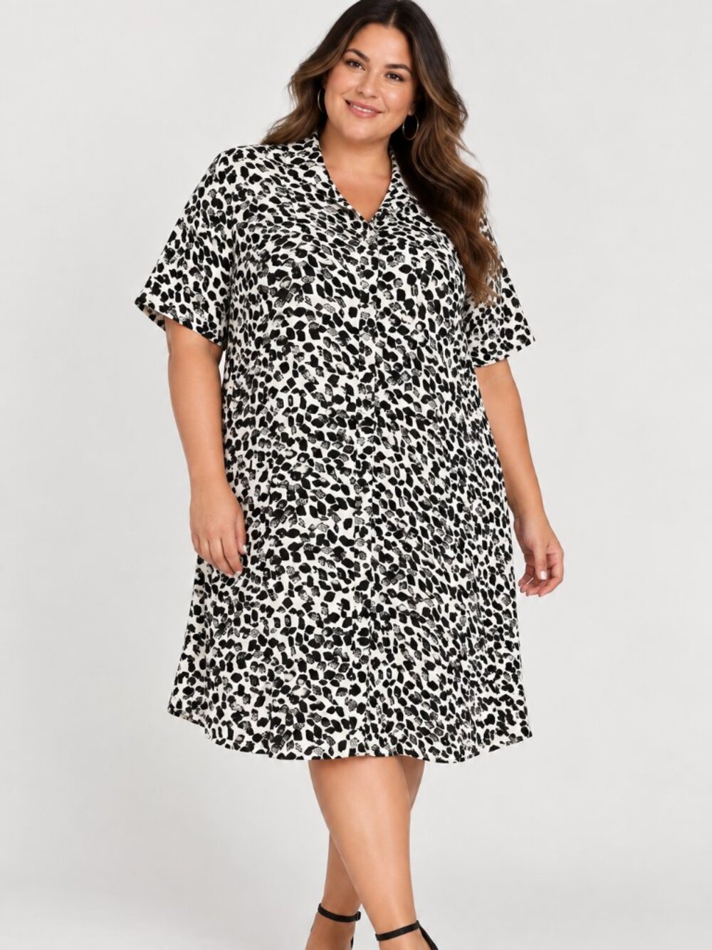 NWT Lane Bryant Shirt Dress 38/40 Black White Animal Print Button Front Plus